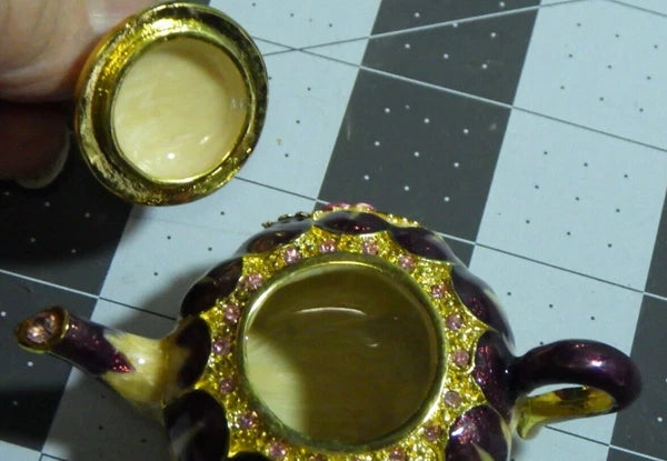 beautiful teapot trinket pill box enamel pink rhinestone roses lidded heavy