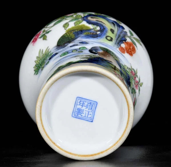 Yongzheng Signed Old Chinese Colour Enamel Vase W/bird N3639