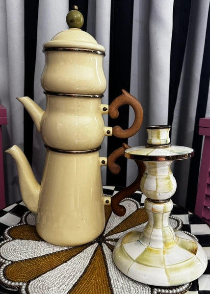 MacKenzie Childs Stacked Camp Cream Enamel Teapot Cream & Sugar High tea
