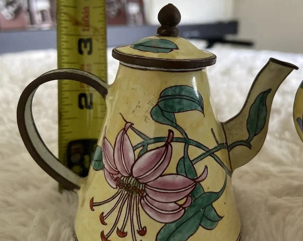Collector’s Hand Painted Enamel Teapot Flowers  Butterflies Kelvin Chen Unsigned