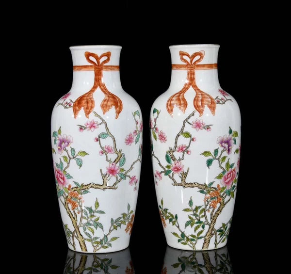 Yongzheng Signed Pair Old Chinese Colour Enamel Vase W/flower N3363