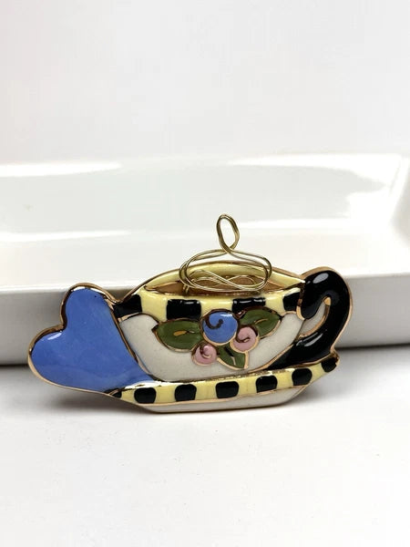 Vintage Ceramic Floral Teapot  Costume Jewelry Brooch Pin Enamel 2.75” x 1.75”