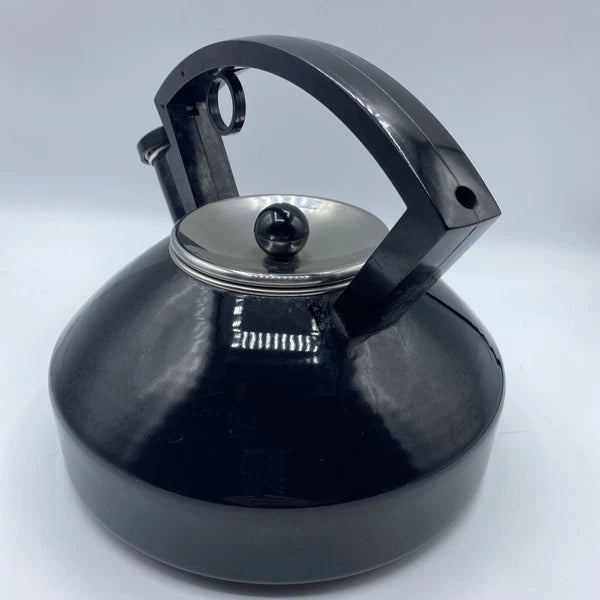 Vintage Black Enamel Tea Kettle Metal Sleek Design Silver Lid Black Knob