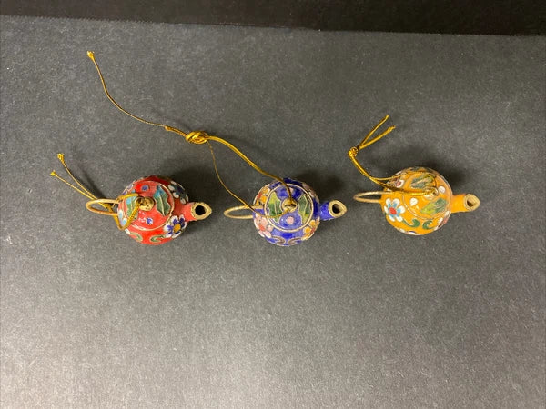 Miniature Cloisonne Teapot Ornaments Enamel Floral Lot of 3