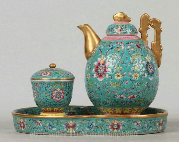 8.5" Yongzheng Marked Enamel Porcelain Gilt Flower Pattern Tea Pot Cup Plate Set