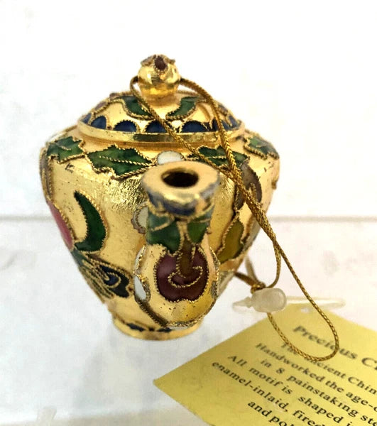 Cloisonné Style Enamel Mini Teapot Ornament Gold with Cherries and Fruit 4 in.