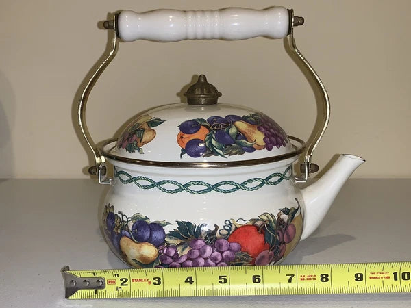 Vintage Enamel Cornucopia Tea Kettle Fruits & Copper Trim VGC