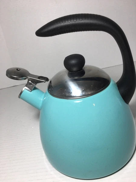 Turquoise Blue Farberware Whistling Enamel Tea Kettle 10 Cup Aqua Blue