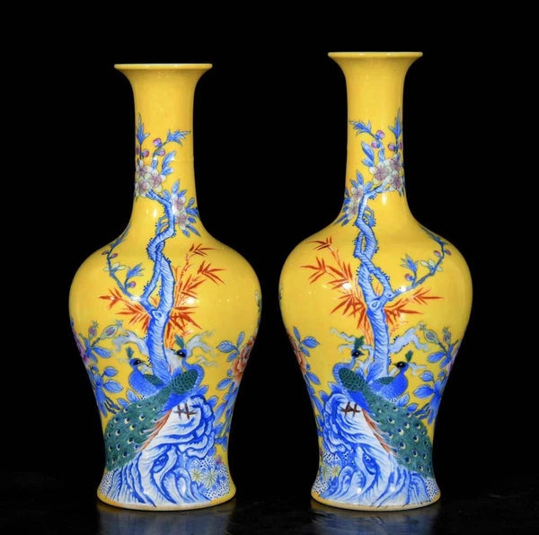 Qianlong Signed Pair Old Chinese Colour Enamel Vase W/peacock N3685