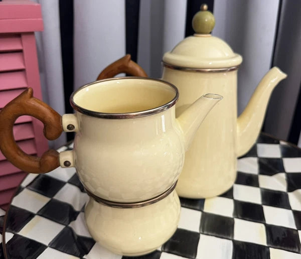 MacKenzie Childs Stacked Camp Cream Enamel Teapot Cream & Sugar High tea