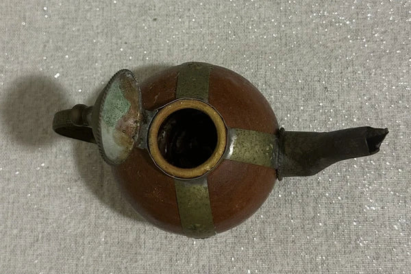 Vintage Moroccan Burnt Sienna Ceramic Ornate Brass Overlay Decorative Sm.Teapot