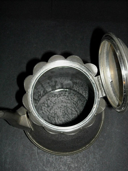 Excellent Early (1890 - 1905) Tall Grey Graniteware Teapot - Pewter Trimmed