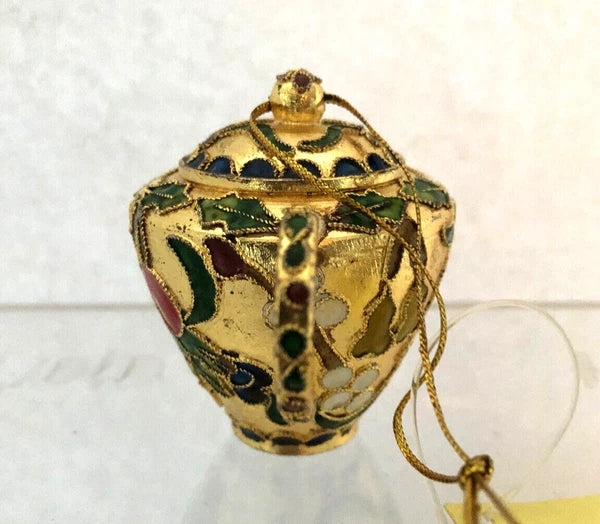 Cloisonné Style Enamel Mini Teapot Ornament Gold with Cherries and Fruit 4 in.