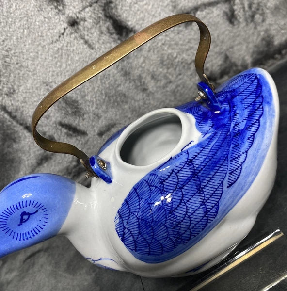 Vintage Duck Teapot, Tea Bag Holder Lid Blue White Floral Porcelain Metal Handle