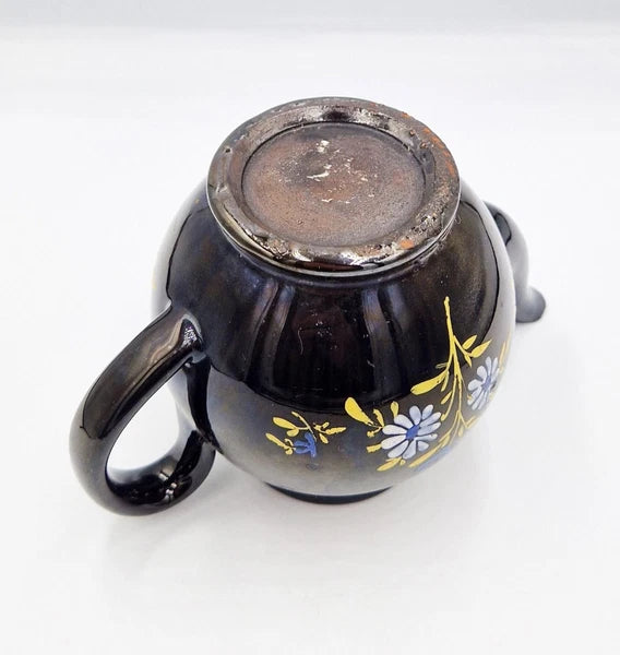 GEORGIAN JACKFIELD GLAZE POTTERY ENAMELLED BACHELORS TEAPOT c1780 a/f