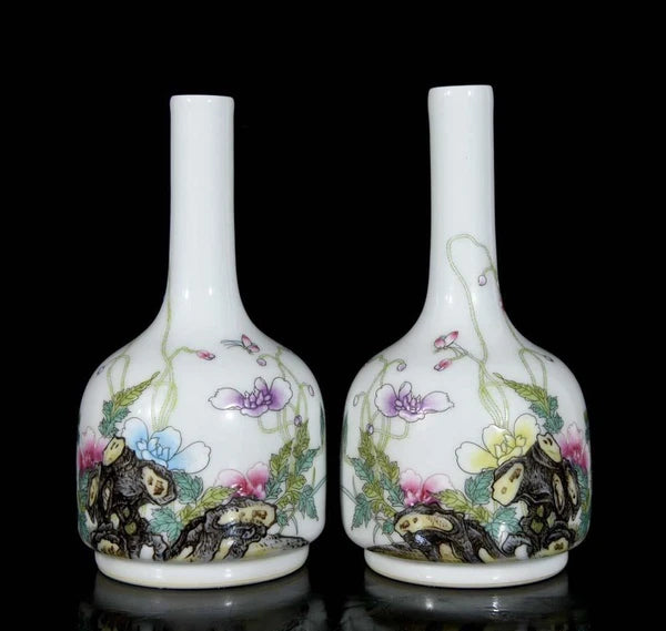 Qianlong Signed Pair Old Chinese Colour Enamel Vase W/flower N3582