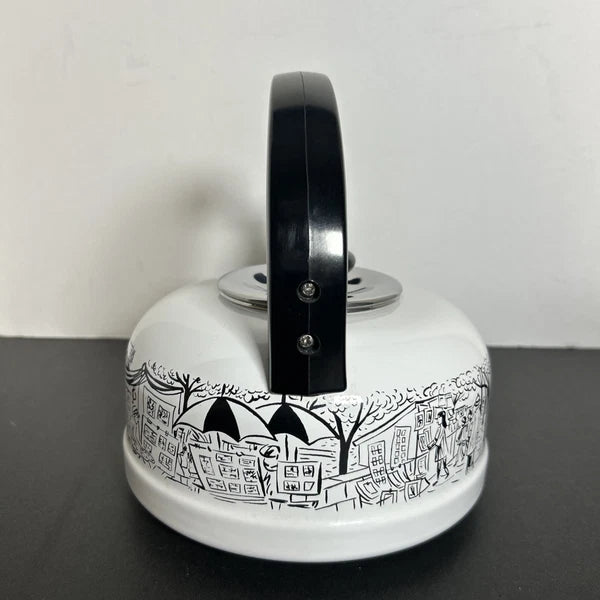 Vintage Mikasa Enamelware Parisian Scenes Whistling Tea Kettle