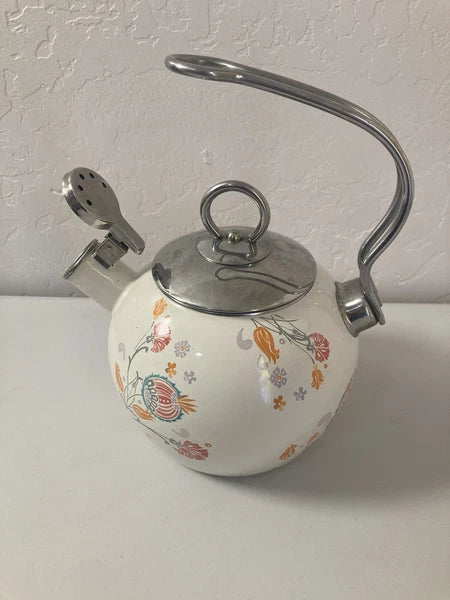 World Market White Orange Floral Pattern Oven Safe Tea Pot Kettle