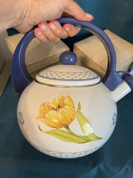 RARE Villeroy & Boch Enamel Whistling Tea Kettle Flower Dream Tulip