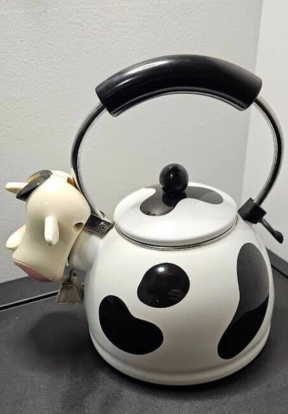 Vintage M Kamenstein Cow Tea Kettle With Bell Enamel Whistling Teapot