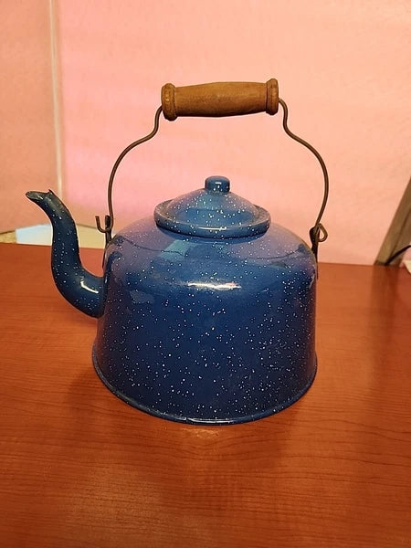Vintage Antique Speckled Enamelware Teapot Tea Kettle Primitive Rustic Farmhouse