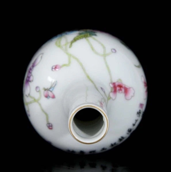 Qianlong Signed Pair Old Chinese Colour Enamel Vase W/flower N3582