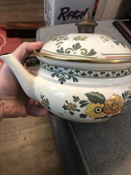 ASTA Enamelware Tea Kettle 1960s Teapot Brass Handles Floral Vintage 7”