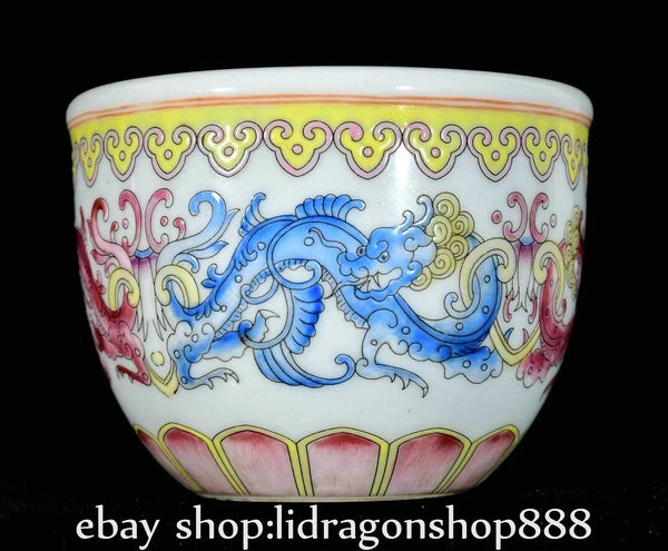3.7" Qianlong Marked Enamel Porcelain Dragon Beast Pattern Wine Tea Cup Pair