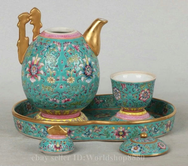 8.5" Yongzheng Marked Enamel Porcelain Gilt Flower Pattern Tea Pot Cup Plate Set