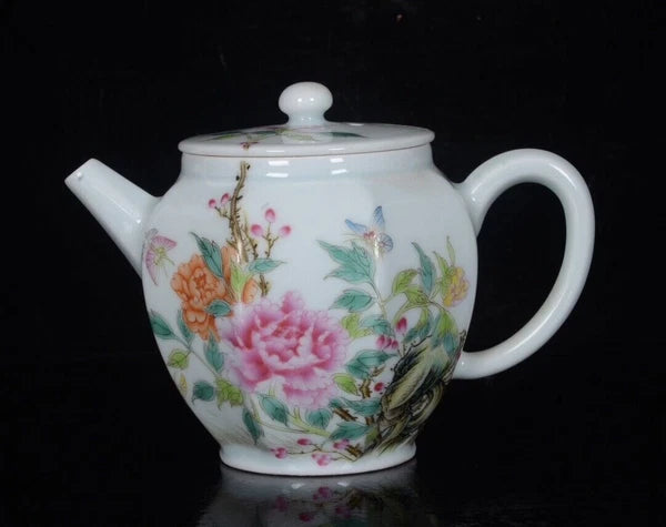 6“ China ancient Qing Yongzheng Celadon glaze Enamel color Floral pattern pot