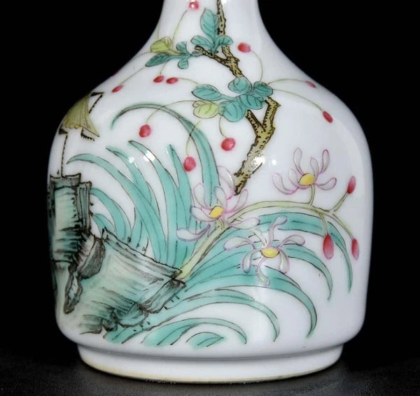 Pair Qianlong Signed Old Chinese Colour Enamel Vase W/orchid N3436