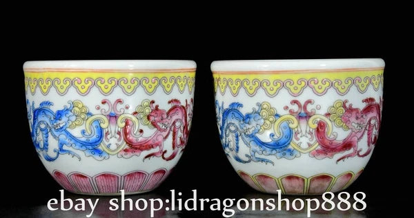 3.7" Qianlong Marked Enamel Porcelain Dragon Beast Pattern Wine Tea Cup Pair