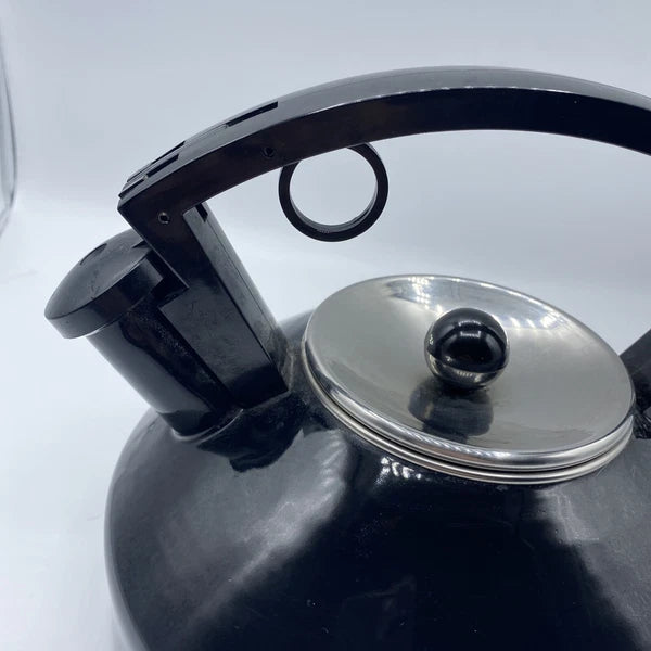 Vintage Black Enamel Tea Kettle Metal Sleek Design Silver Lid Black Knob