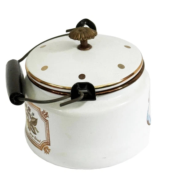 GEORGES BRIARD Tea Kettle Enamelware Fruit Vegetables Gold Accents Mid Century