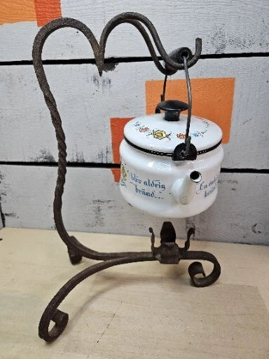 Vintage Enamel Folk Art Tea Pot With Cast Iron Stand