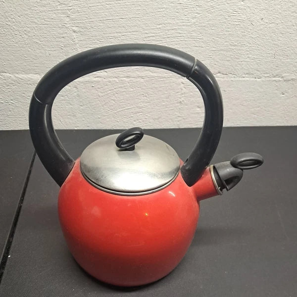 Copco Red Whistling Tea Kettle 2 Qt. Porcelain  used  good condition