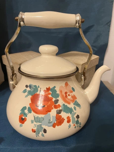 RARE Enamel Floral Tea Kettle - White W Orange & Teal Flowers - Pretty For Fall