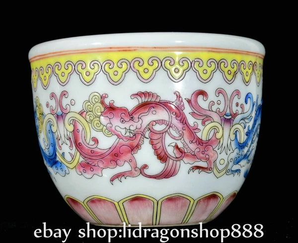 3.7" Qianlong Marked Enamel Porcelain Dragon Beast Pattern Wine Tea Cup Pair