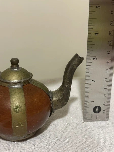 Vintage Moroccan Burnt Sienna Ceramic Ornate Brass Overlay Decorative Sm.Teapot