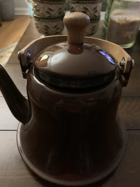 Brown Enamel Vintage  Tea Kettle W/ Wooden Handle Tiny Chip On Lid & Rim