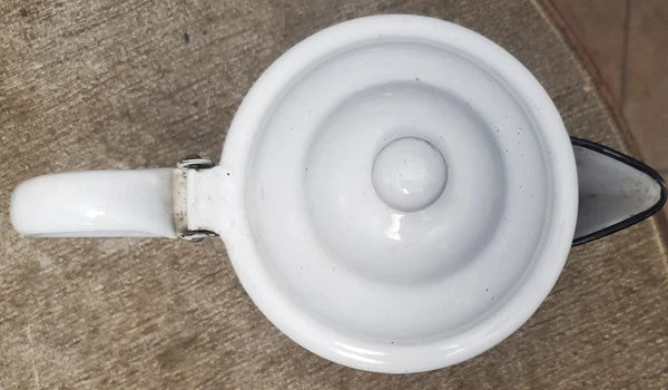 Graniteware Teapot White with Black Trim Enamelware Coffee Pot Vintage