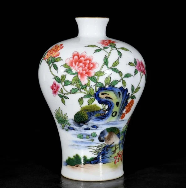 Yongzheng Signed Old Chinese Colour Enamel Vase W/bird N3639
