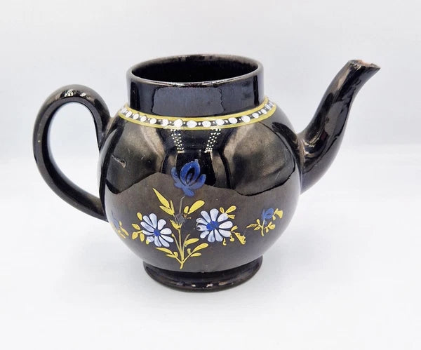 GEORGIAN JACKFIELD GLAZE POTTERY ENAMELLED BACHELORS TEAPOT c1780 a/f