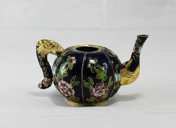 Miniature Cobal Blue Enamel Gilded Cloisonne Colorful Floral Teapot no Lid Cute