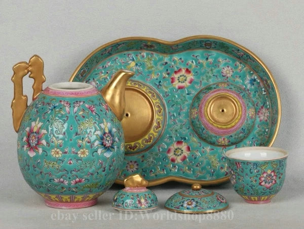 8.5" Yongzheng Marked Enamel Porcelain Gilt Flower Pattern Tea Pot Cup Plate Set