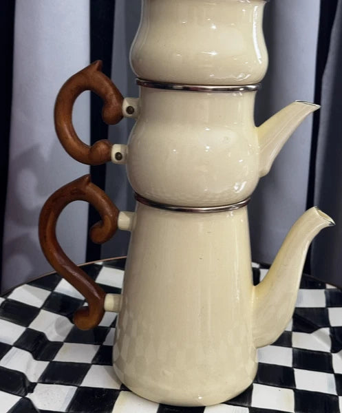 MacKenzie Childs Stacked Camp Cream Enamel Teapot Cream & Sugar High tea