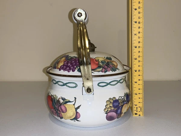 Vintage Enamel Cornucopia Tea Kettle Fruits & Copper Trim VGC