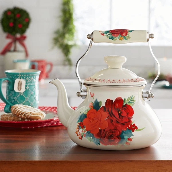 Pioneer Woman Teapot Kettle 1.9 Quart Farmhouse Decor Cheerful Rose Ree Drummond