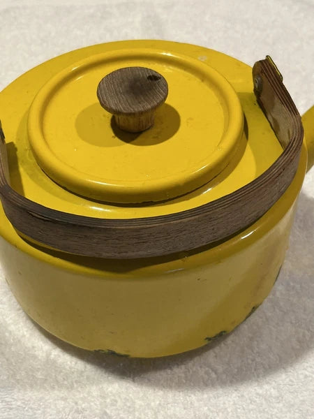 Enamelware Yellow teapot w wooden bentwood handle Copco Michael Lax Kettle retro