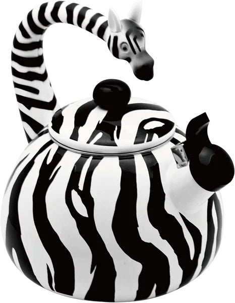 Enameled Zebra Whistling Tea Kettle, 2.3 quarts, Black/White